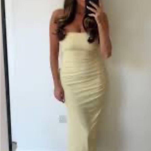 Zara Pale Yellow Ruched Strapless Midi Dress - Picture 3 of 4
